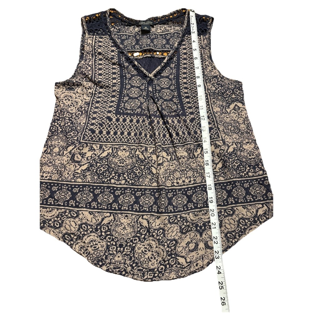 Lucky Brand Women's Navy Sleeveless Crochet Yoke/Back Tank Top Linen Blend Sz M - Picture 10 of 11